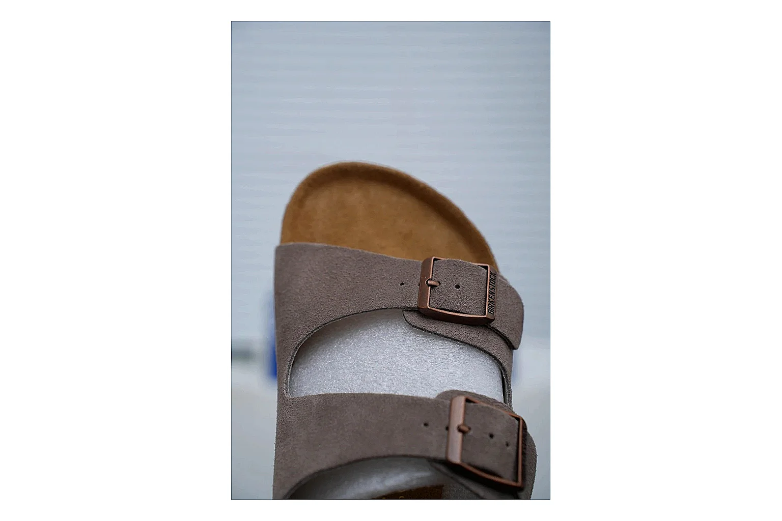 Birkenstock Arizona Taupe Cork Slide comparison signal image with suede-look upper, adjustable buckles and contoured footbed for natural everyday styling thumbnail 5