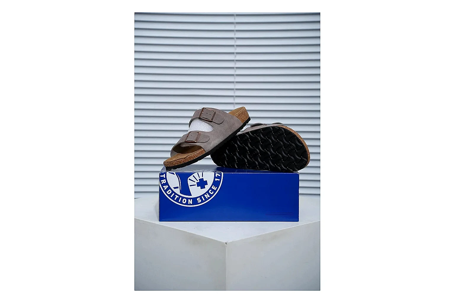 Birkenstock Arizona Taupe Cork Slide comparison signal image with suede-look upper, adjustable buckles and contoured footbed for natural everyday styling thumbnail 6
