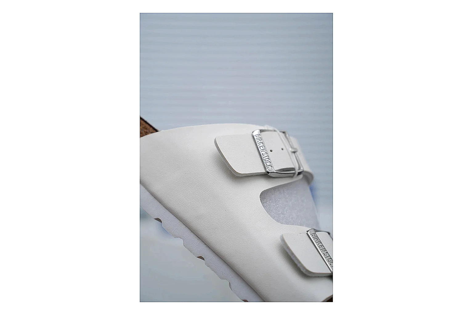 Birkenstock Arizona White Cork Slide comparison signal image with adjustable buckles, contoured footbed and black outsole for clean summer casual styling thumbnail 3