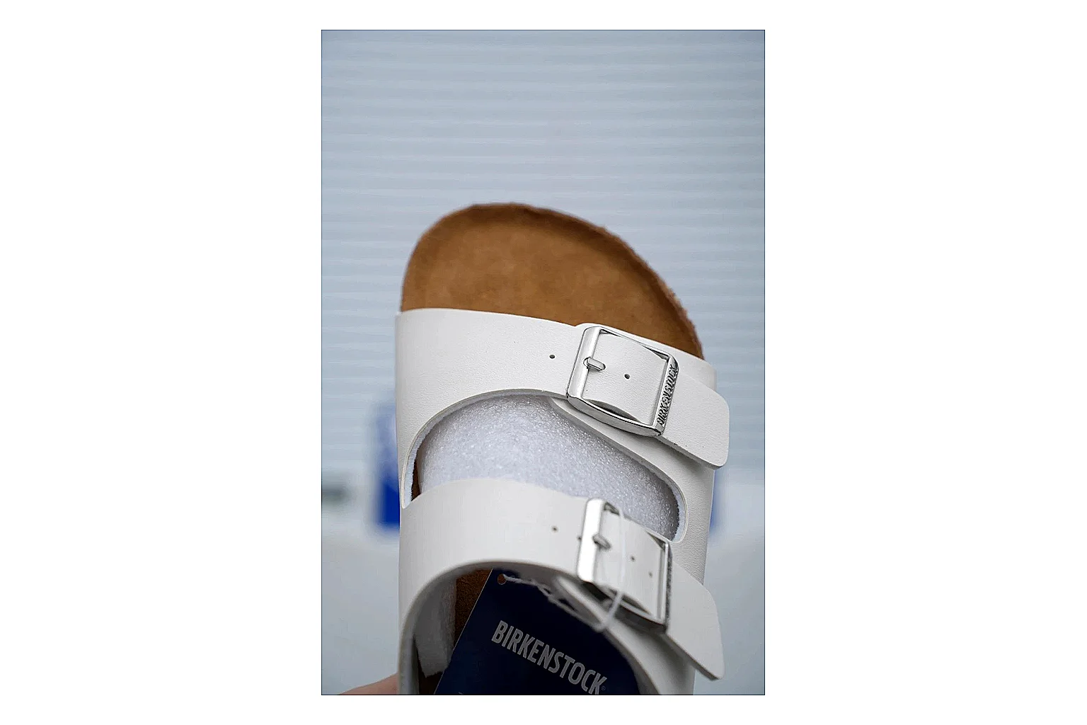 Birkenstock Arizona White Cork Slide comparison signal image with adjustable buckles, contoured footbed and black outsole for clean summer casual styling thumbnail 5