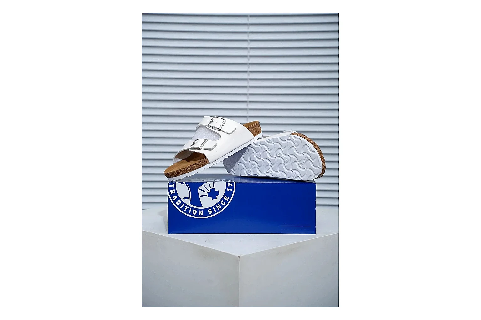 Birkenstock Arizona White Cork Slide comparison signal image with adjustable buckles, contoured footbed and black outsole for clean summer casual styling thumbnail 6