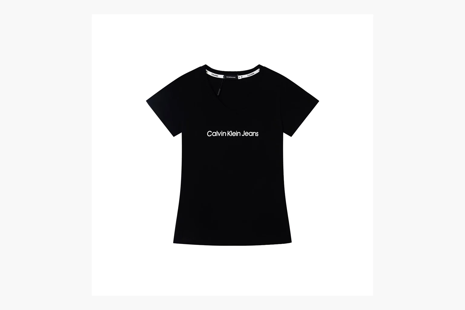 Calvin Klein black V-neck tee comparison image with print