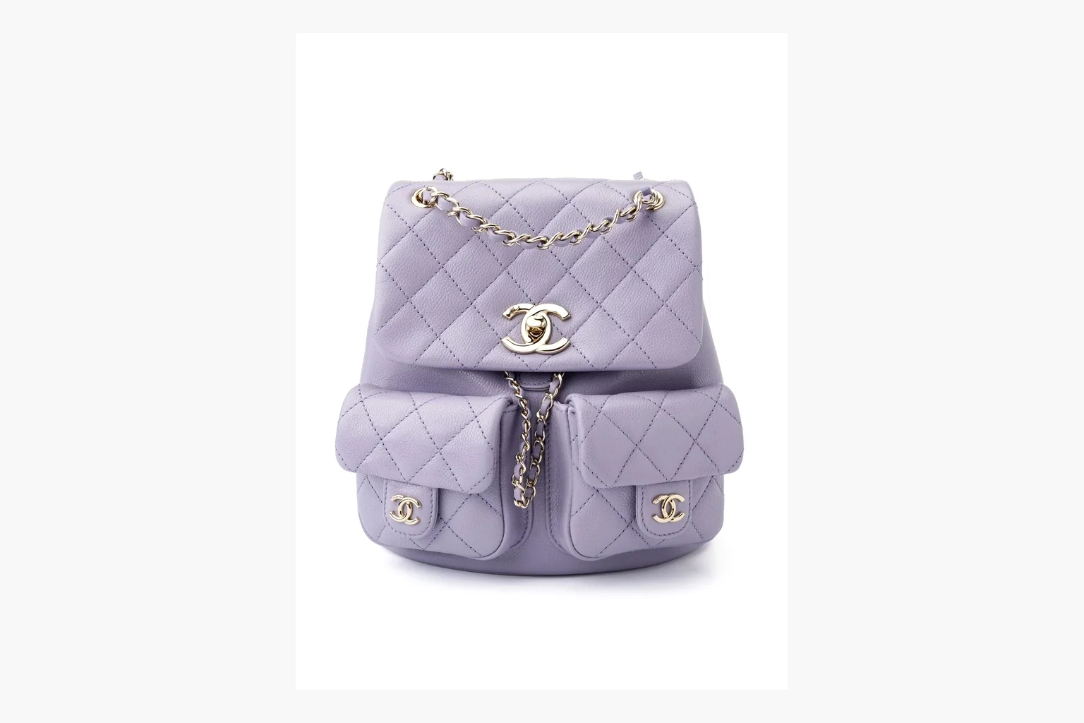 Chanel Lavender Quilted Backpack comparison photo showing lavender quilted leather backpack body, gold hardware, chain shoulder straps, rounded base, and compact flap structure