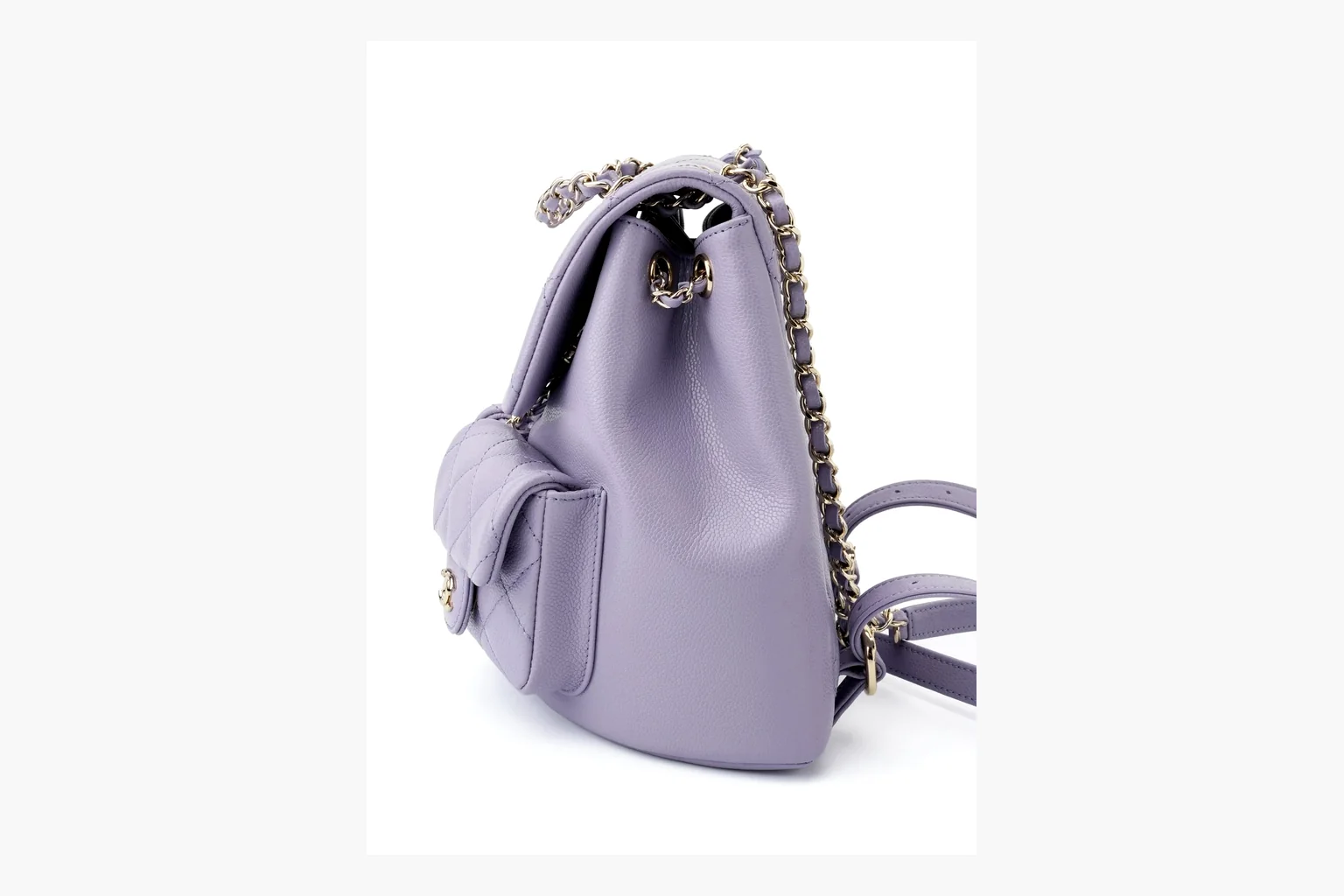 Chanel Lavender Quilted Backpack comparison photo showing lavender quilted leather backpack body, gold hardware, chain shoulder straps, rounded base, and compact flap structure