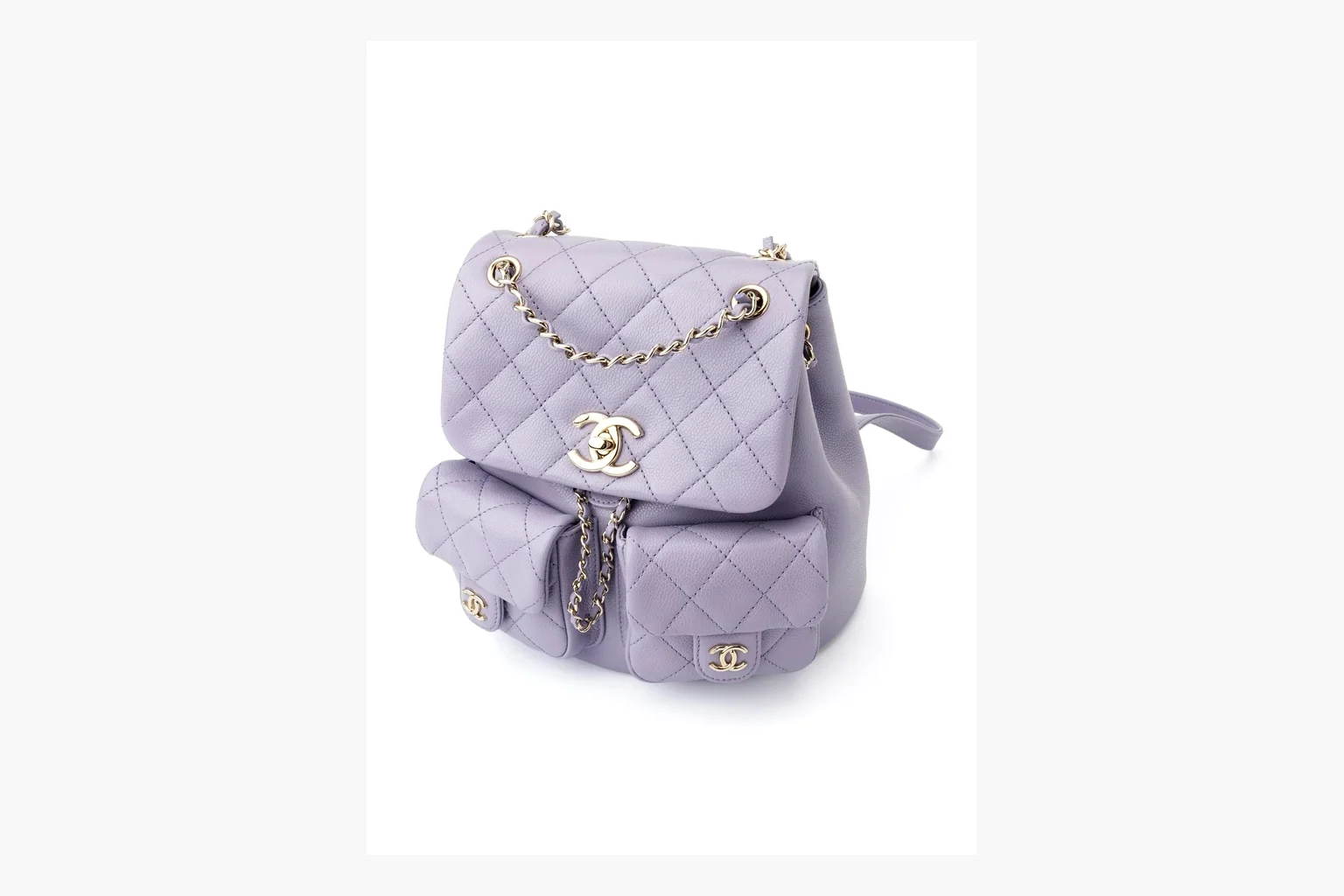 Chanel Lavender Quilted Backpack comparison photo showing lavender quilted leather backpack body, gold hardware, chain shoulder straps, rounded base, and compact flap structure thumbnail 3