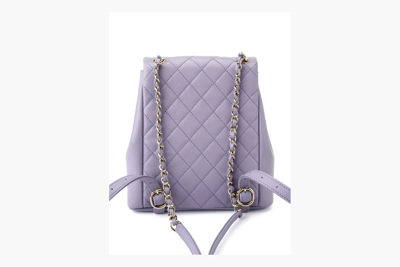 Chanel Lavender Quilted Backpack comparison photo showing lavender quilted leather backpack body, gold hardware, chain shoulder straps, rounded base, and compact flap structure thumbnail 4