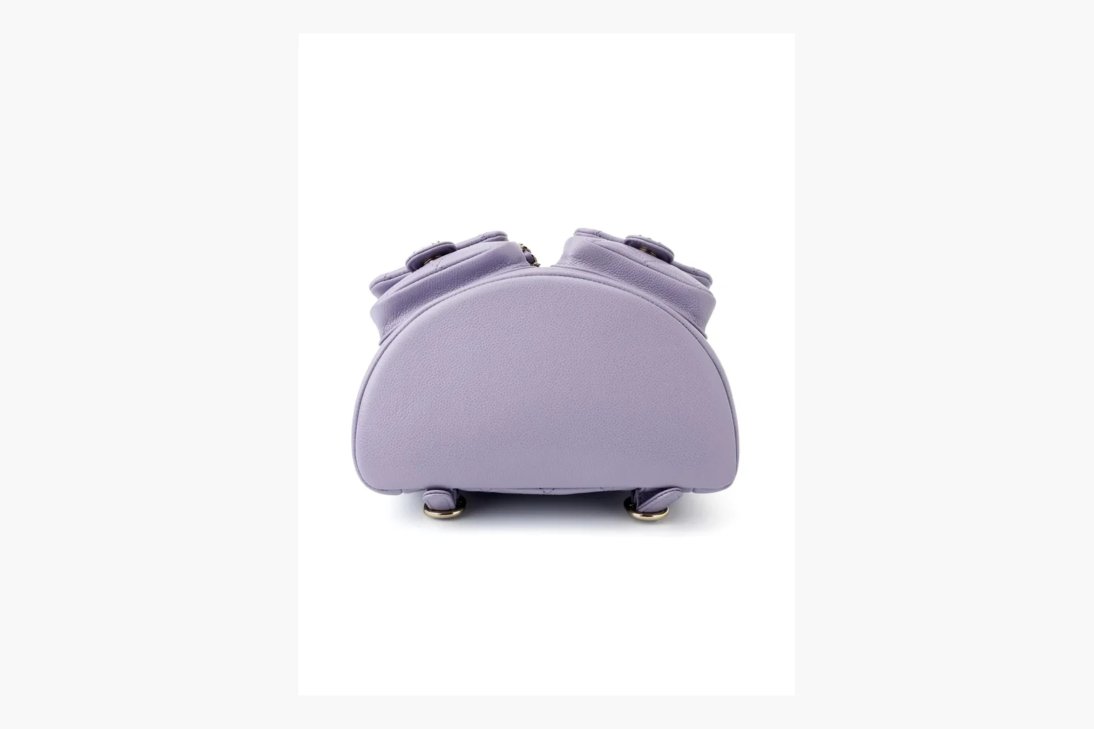 Chanel Lavender Quilted Backpack comparison photo showing lavender quilted leather backpack body, gold hardware, chain shoulder straps, rounded base, and compact flap structure thumbnail 5