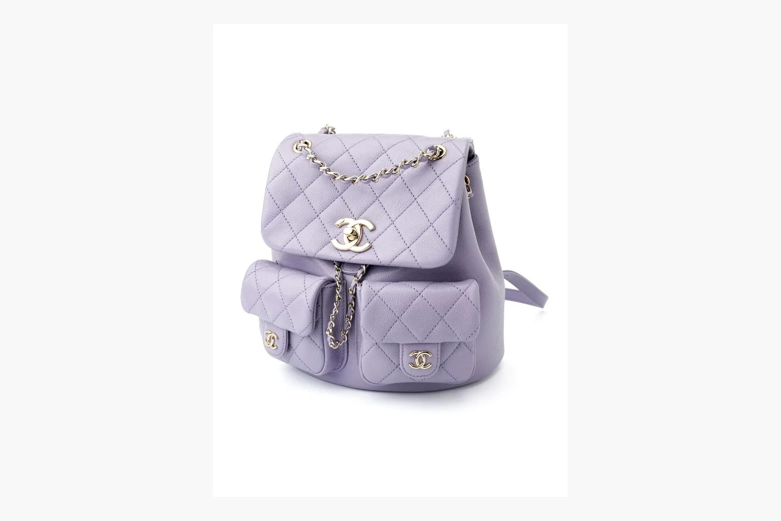 Chanel Lavender Quilted Backpack comparison photo showing lavender quilted leather backpack body, gold hardware, chain shoulder straps, rounded base, and compact flap structure thumbnail 6