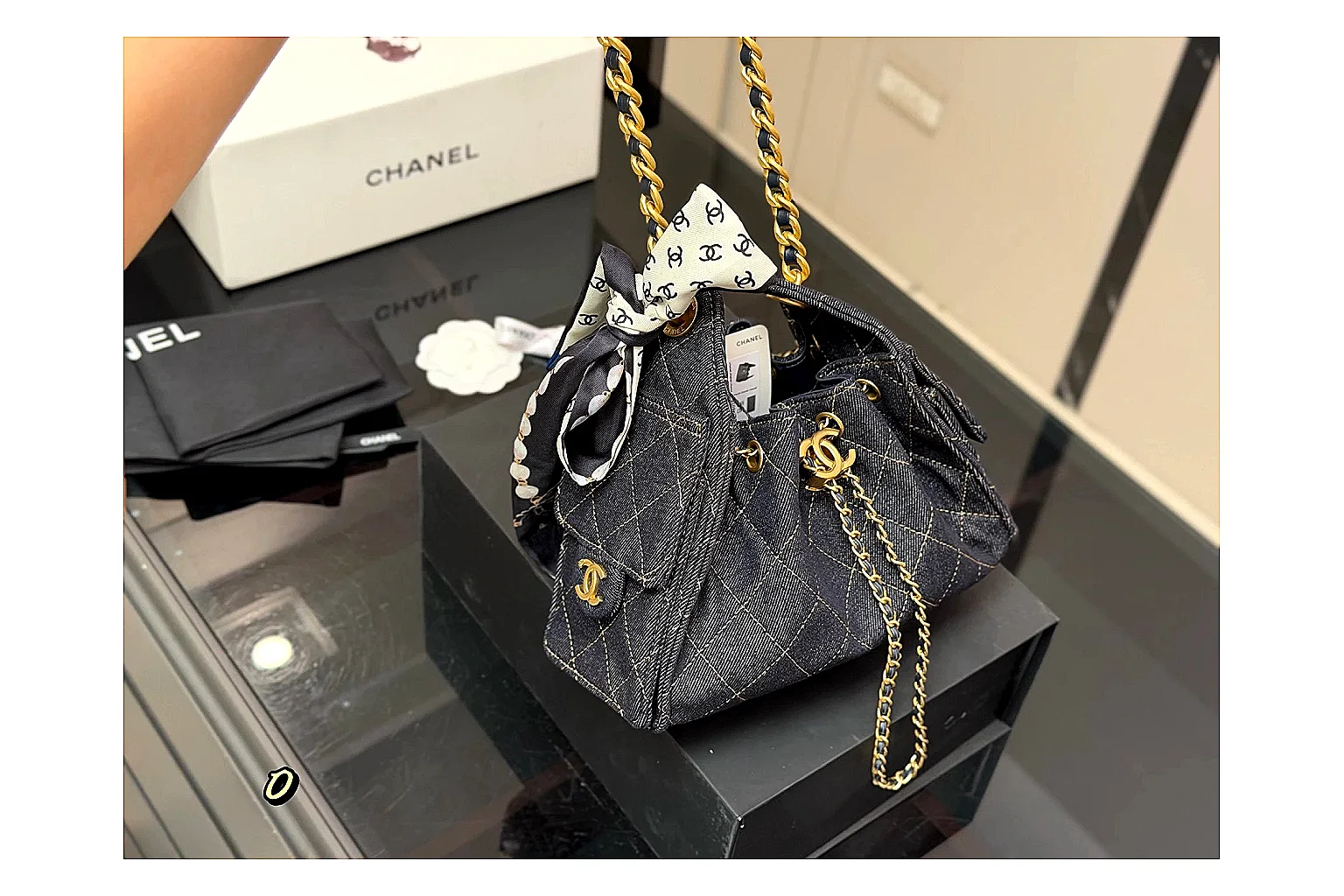 Chanel Quilted Chain Bag Black Blue comparison photo showing black blue quilted leather body, chain shoulder strap, flap structure, and polished luxury-bag hardware thumbnail 3