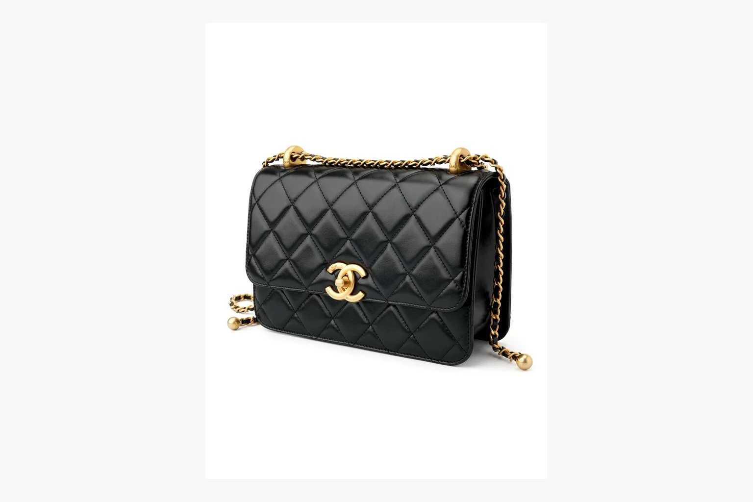 Chanel Black Quilted Chain Flap Bag comparison photo showing black quilted leather flap body, gold chain strap, CC front logo, rectangular shoulder-bag shape, and polished hardware