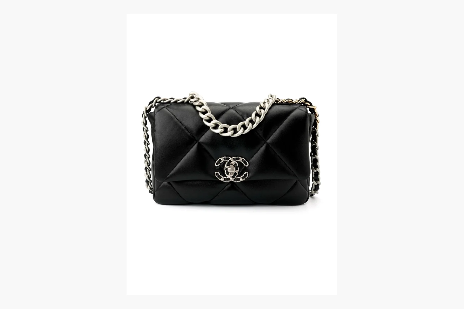Chanel Quilted Chain Flap Bag Black comparison photo showing black quilted leather flap body, gold chain strap, CC turnlock, and classic shoulder-bag structure