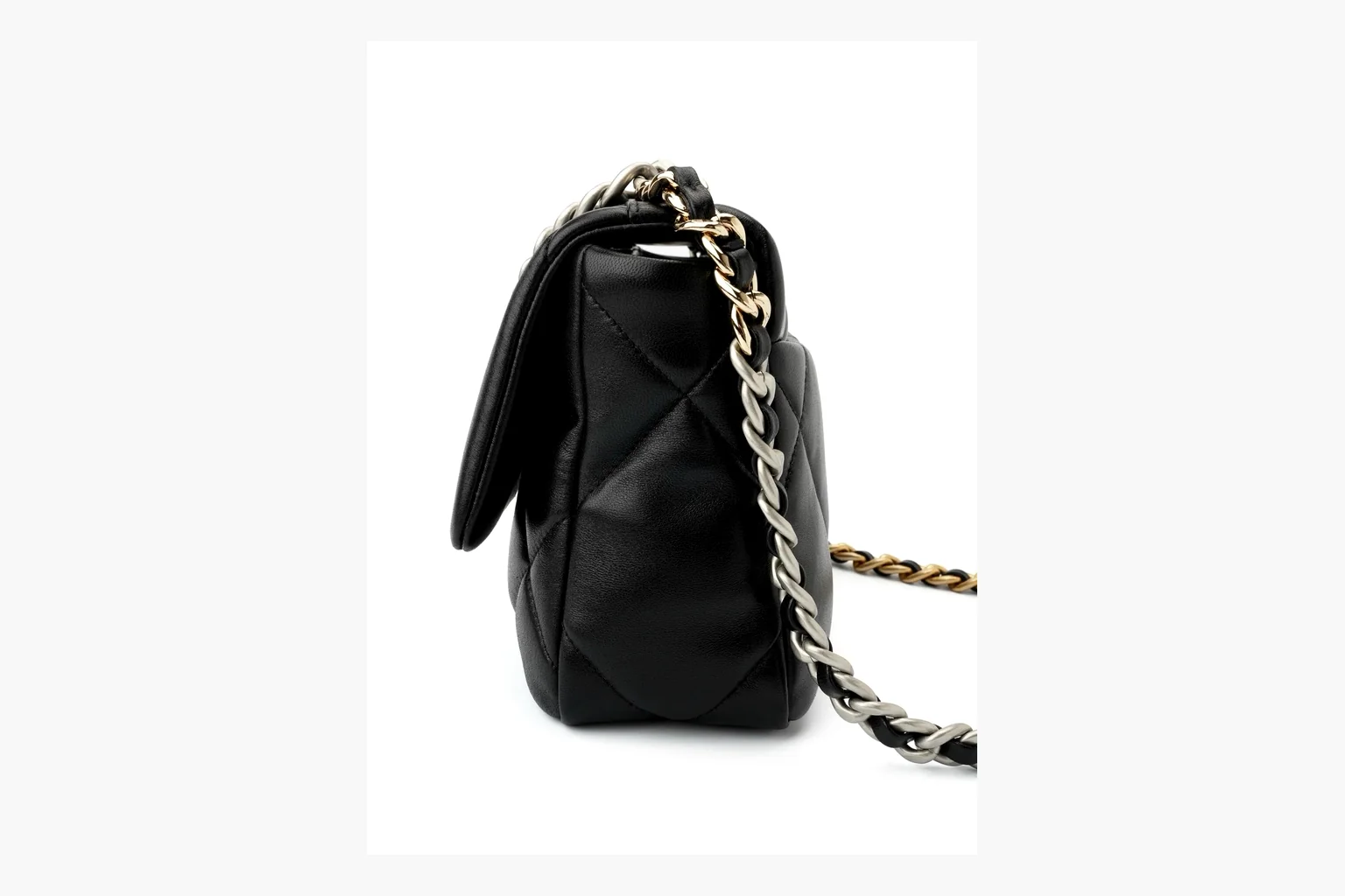Chanel Quilted Chain Flap Bag Black comparison photo showing black quilted leather flap body, gold chain strap, CC turnlock, and classic shoulder-bag structure