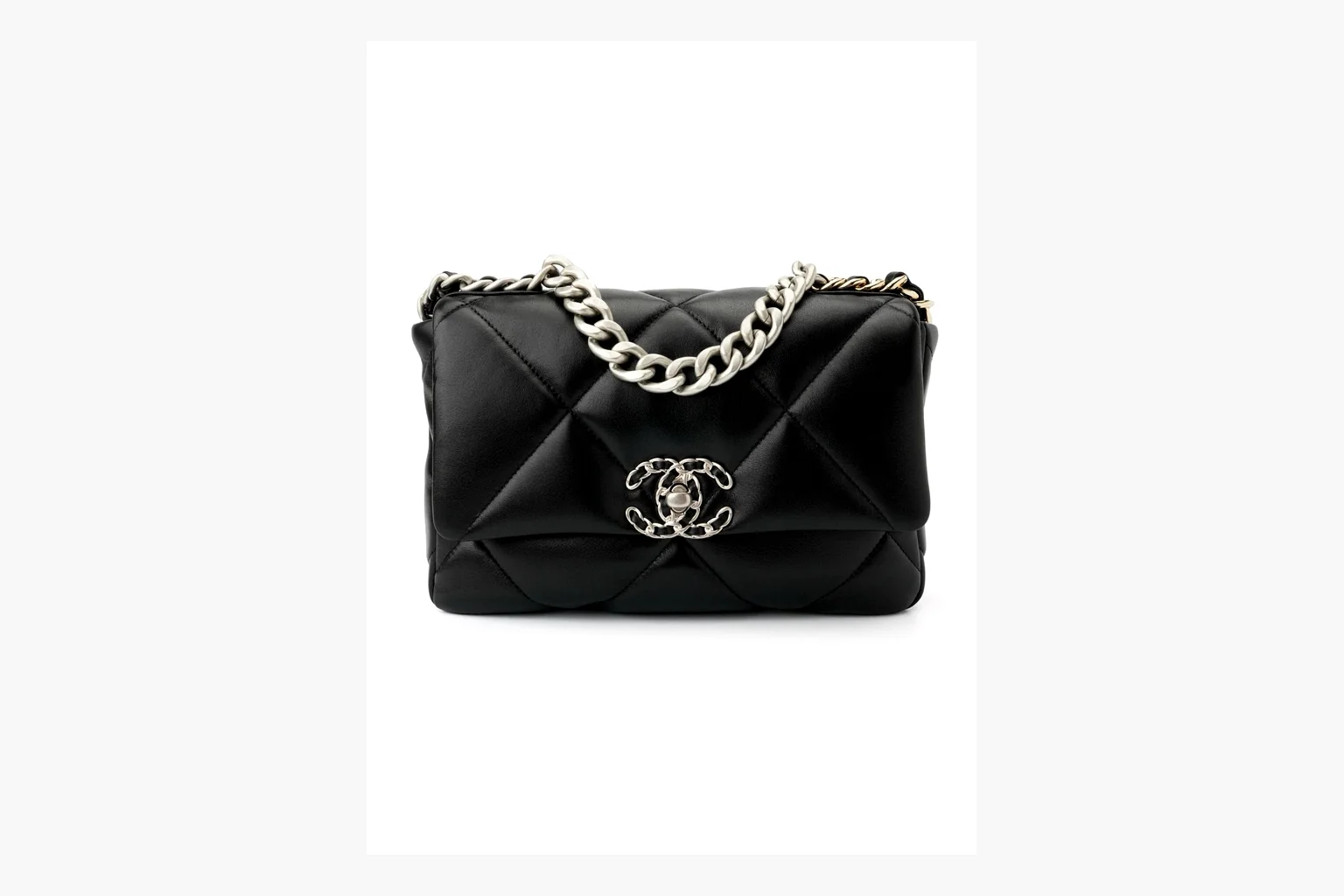 Chanel Quilted Chain Flap Bag Black comparison photo showing black quilted leather flap body, gold chain strap, CC turnlock, and classic shoulder-bag structure thumbnail 3