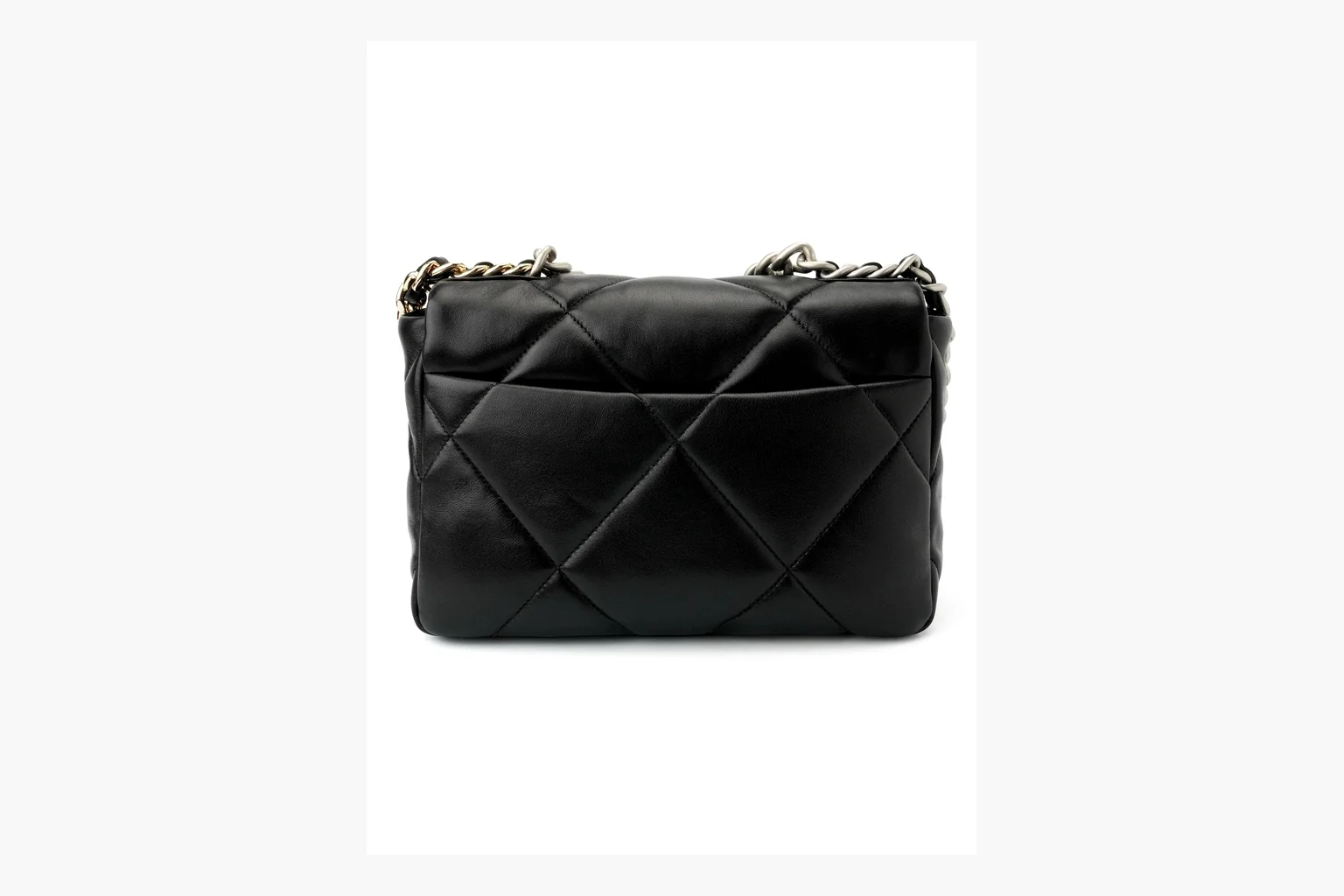 Chanel Quilted Chain Flap Bag Black comparison photo showing black quilted leather flap body, gold chain strap, CC turnlock, and classic shoulder-bag structure thumbnail 5