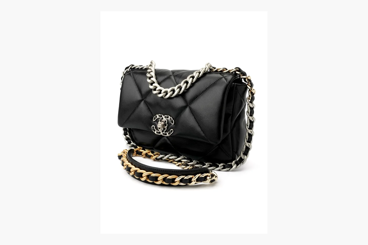 Chanel Quilted Chain Flap Bag Black comparison photo showing black quilted leather flap body, gold chain strap, CC turnlock, and classic shoulder-bag structure thumbnail 6