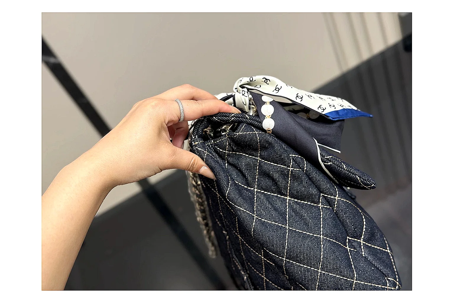 Chanel Quilted Flap Bag Black Denim comparison photo showing black denim-look quilted flap body, shoulder-bag shape, chain strap, and polished hardware thumbnail 3