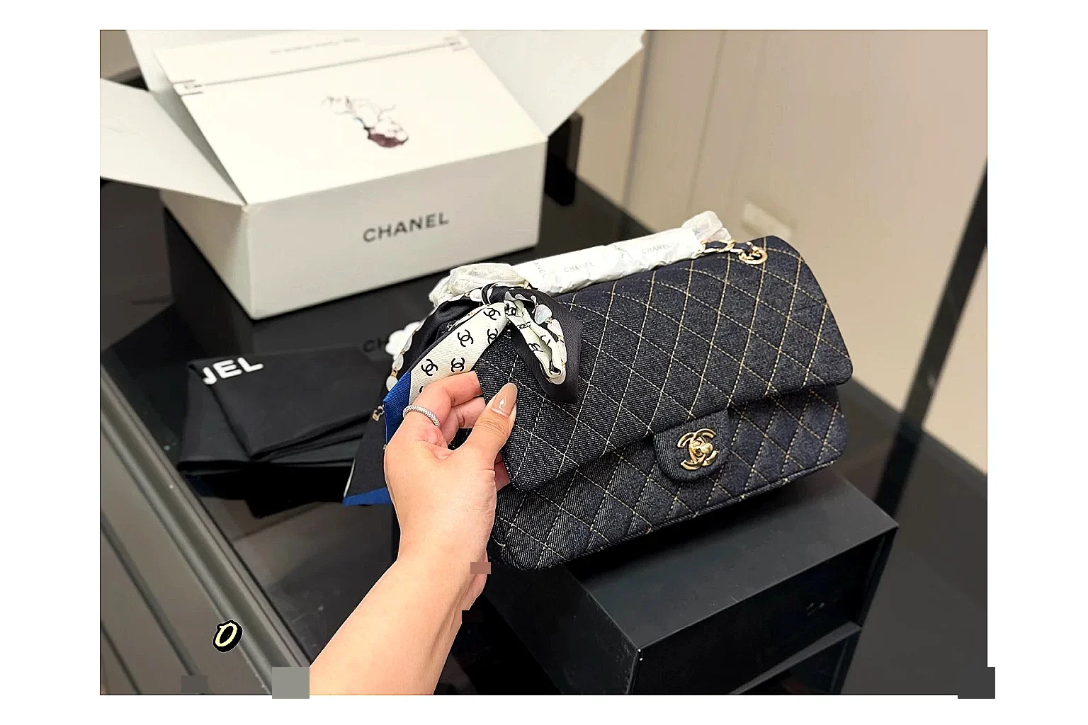 Chanel Quilted Flap Bag Black Navy comparison photo showing black navy quilted leather body, flap structure, chain strap, and polished luxury hardware