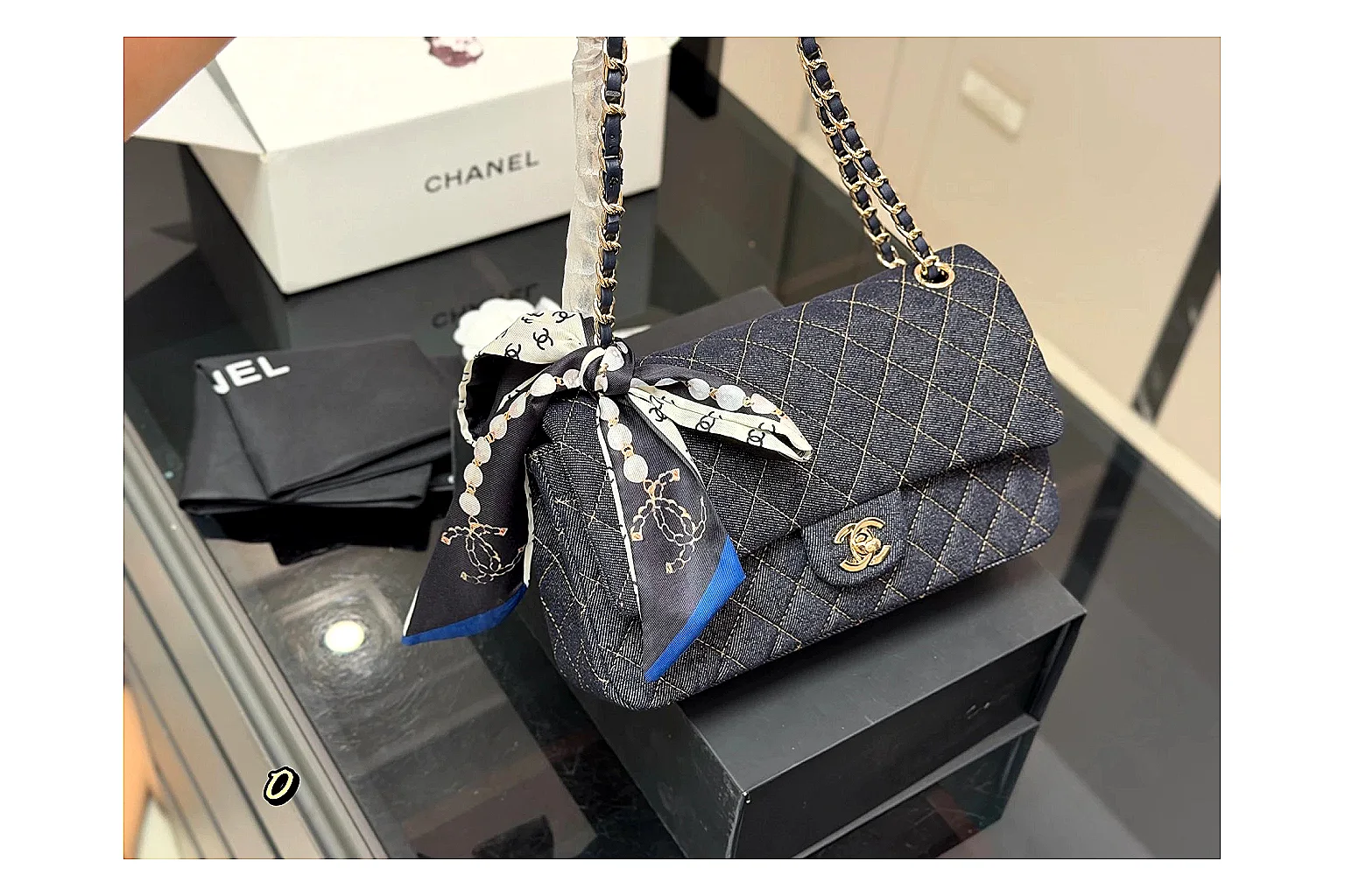 Chanel Quilted Flap Bag Black Navy comparison photo showing black navy quilted leather body, flap structure, chain strap, and polished luxury hardware thumbnail 6