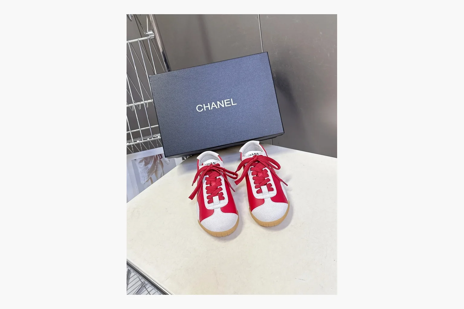 Chanel Red White Platform Sneaker comparison photo showing red and white low-top upper, platform sole, leather-suede panel mix, box views, and rounded casual sneaker shape