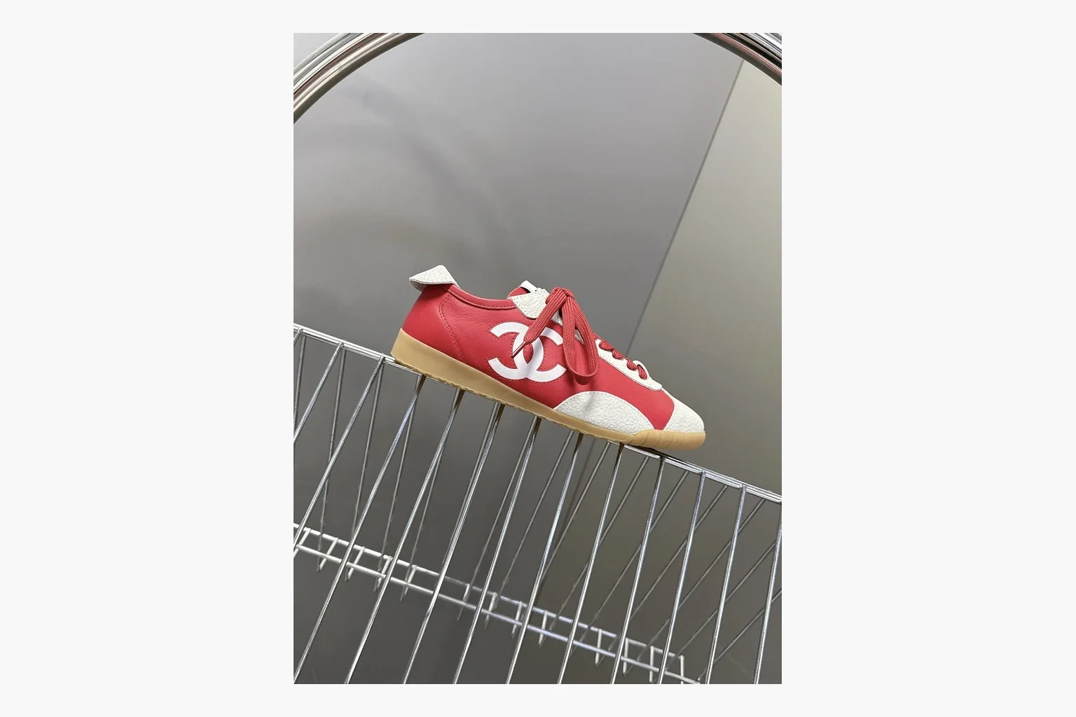Chanel Red White Platform Sneaker comparison photo showing red and white low-top upper, platform sole, leather-suede panel mix, box views, and rounded casual sneaker shape thumbnail 3