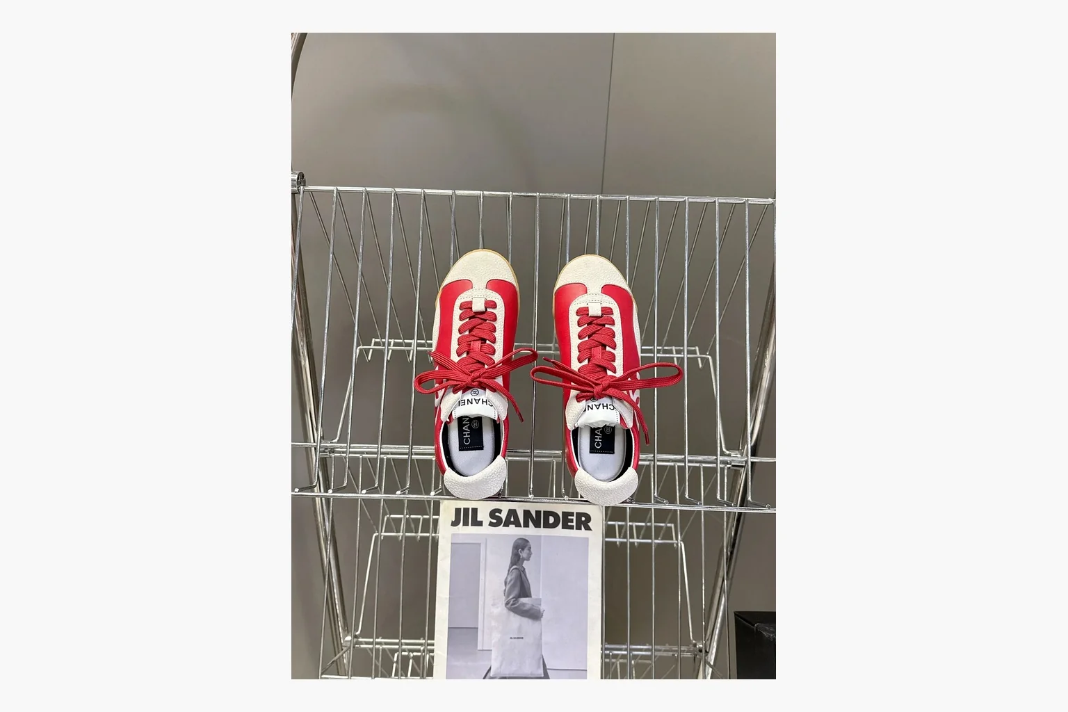 Chanel Red White Platform Sneaker comparison photo showing red and white low-top upper, platform sole, leather-suede panel mix, box views, and rounded casual sneaker shape thumbnail 4