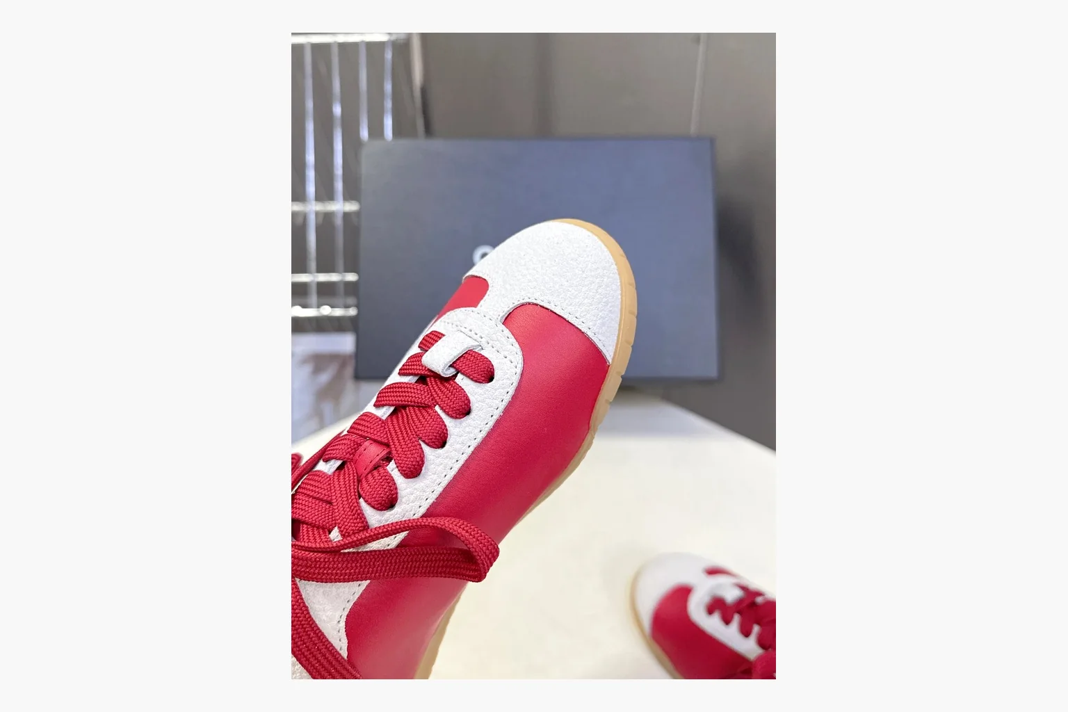 Chanel Red White Platform Sneaker comparison photo showing red and white low-top upper, platform sole, leather-suede panel mix, box views, and rounded casual sneaker shape thumbnail 5