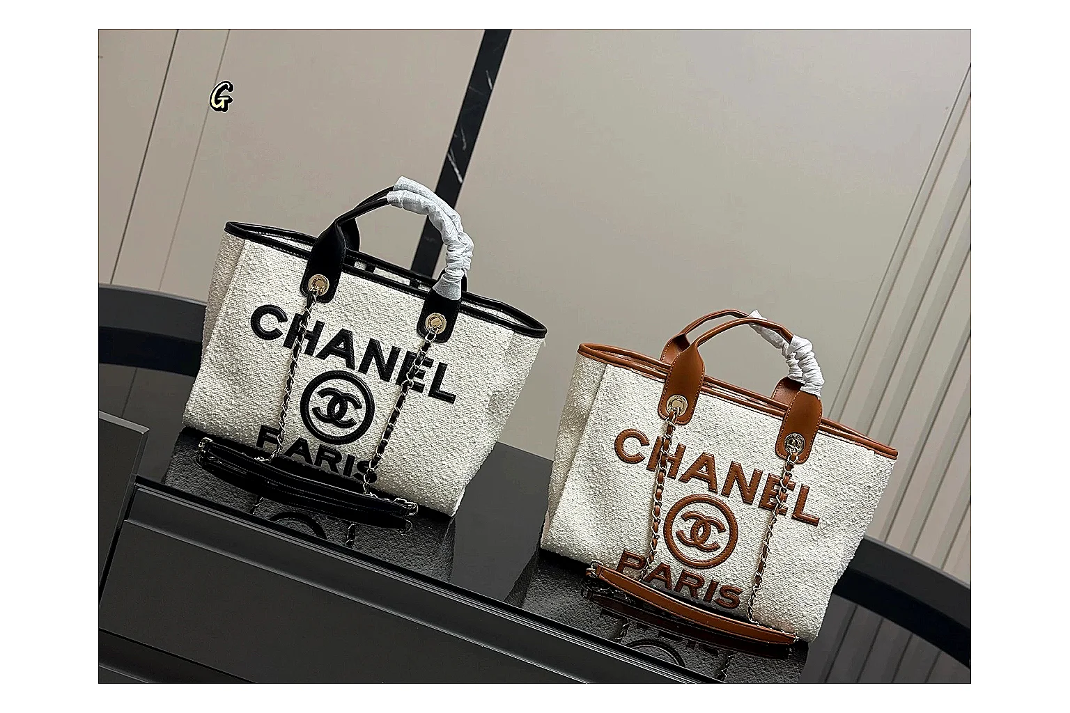 Chanel Tote Bag White Black comparison photo showing white black canvas-leather tote body, open carry shape, structured handles, and branded luxury-bag details thumbnail 6