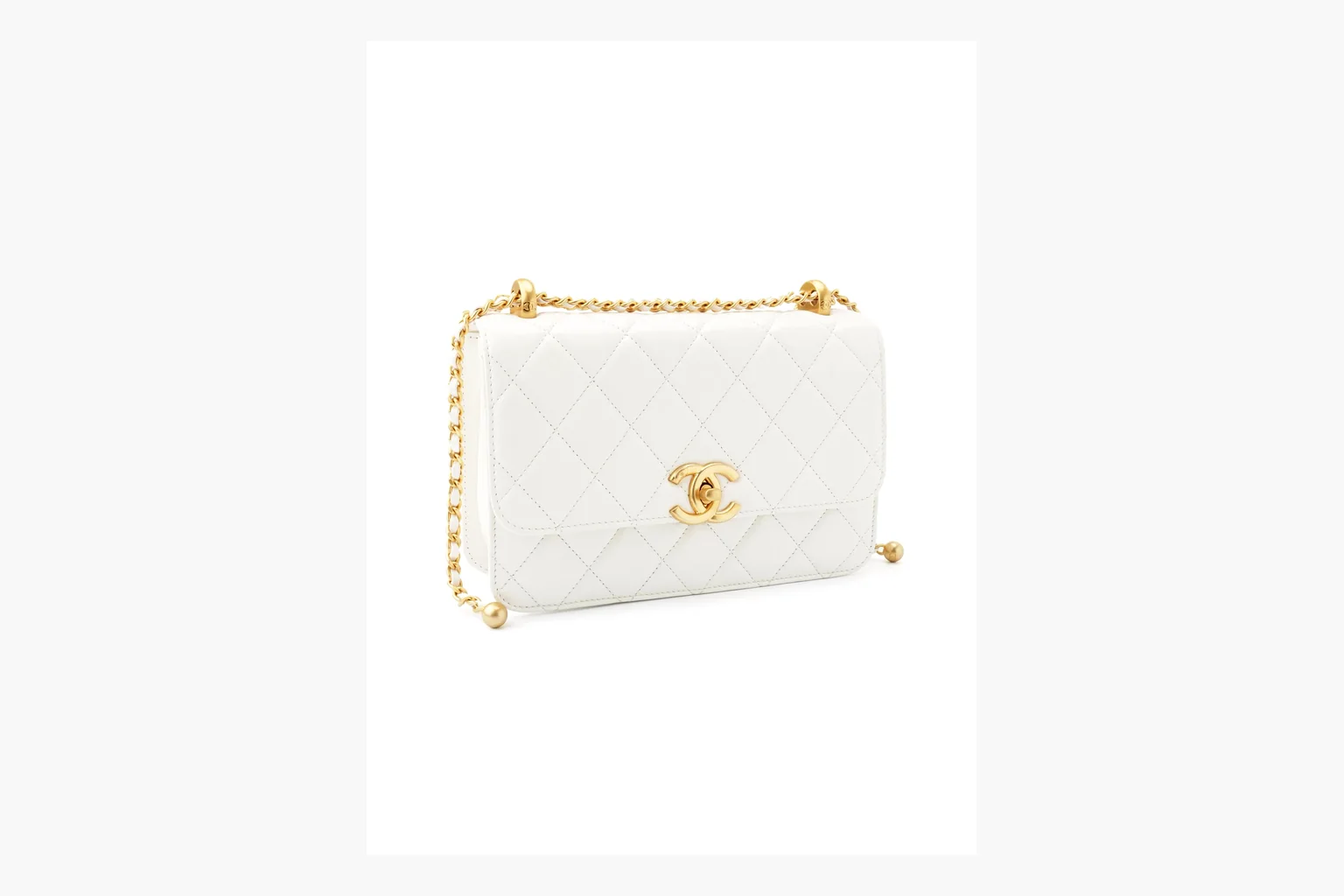 Chanel White Chain Flap Bag comparison photo showing white leather flap bag body, gold chain hardware, compact rectangular shape, side-view structure, and clean flap edge