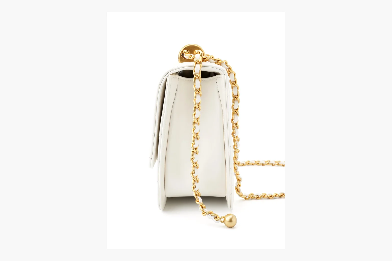 Chanel White Chain Flap Bag comparison photo showing white leather flap bag body, gold chain hardware, compact rectangular shape, side-view structure, and clean flap edge