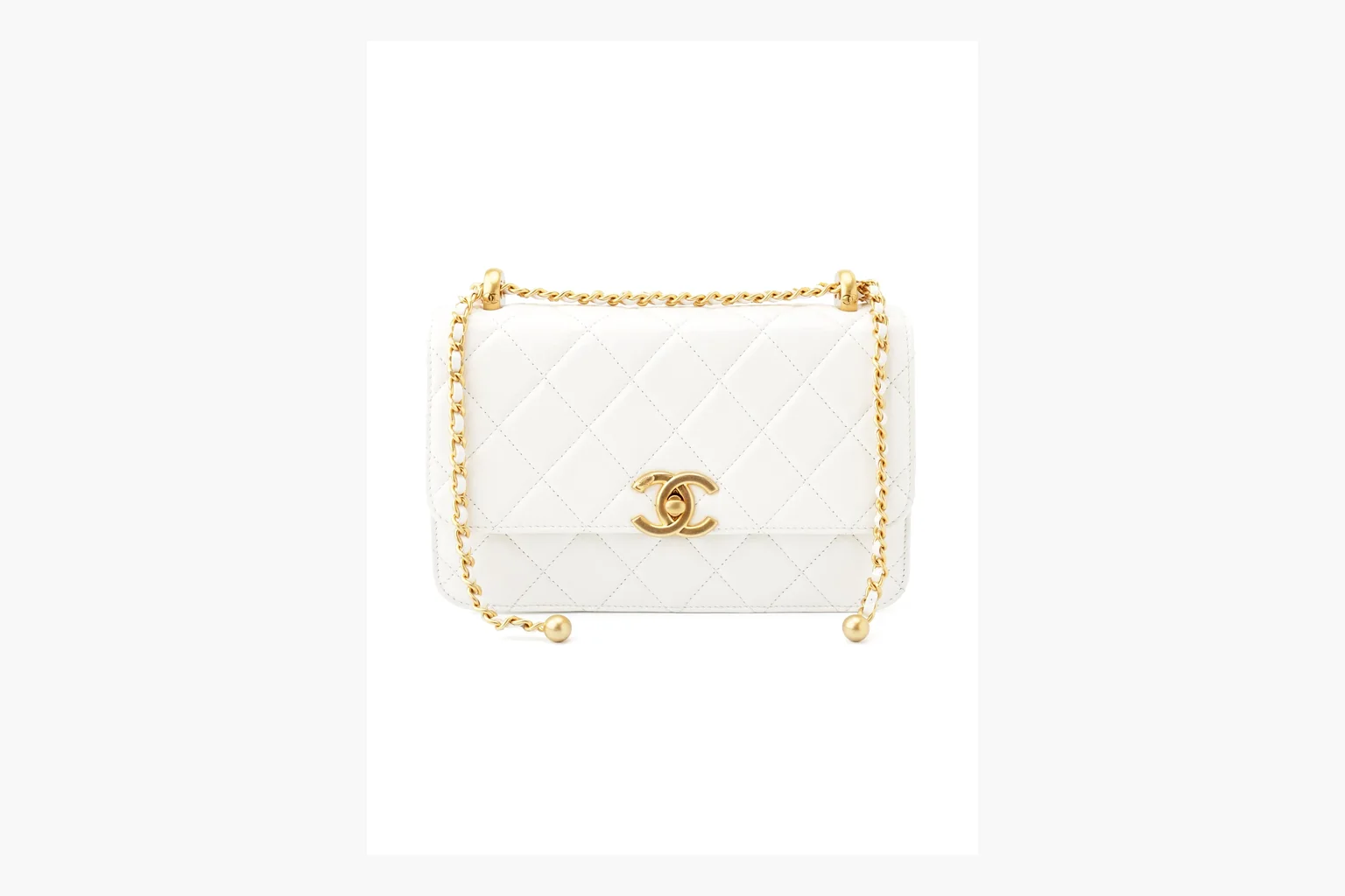Chanel White Chain Flap Bag comparison photo showing white leather flap bag body, gold chain hardware, compact rectangular shape, side-view structure, and clean flap edge thumbnail 3