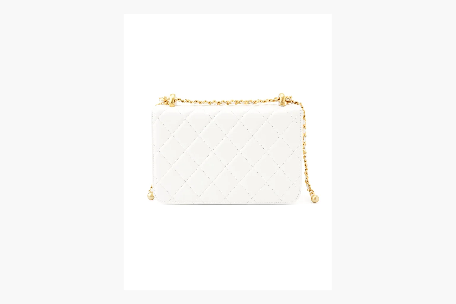 Chanel White Chain Flap Bag comparison photo showing white leather flap bag body, gold chain hardware, compact rectangular shape, side-view structure, and clean flap edge thumbnail 4