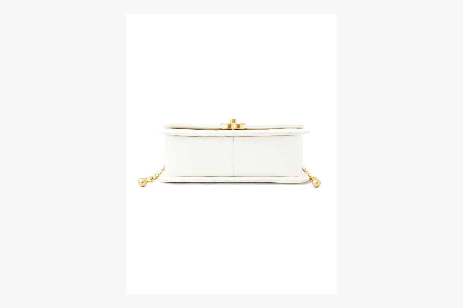 Chanel White Chain Flap Bag comparison photo showing white leather flap bag body, gold chain hardware, compact rectangular shape, side-view structure, and clean flap edge thumbnail 5