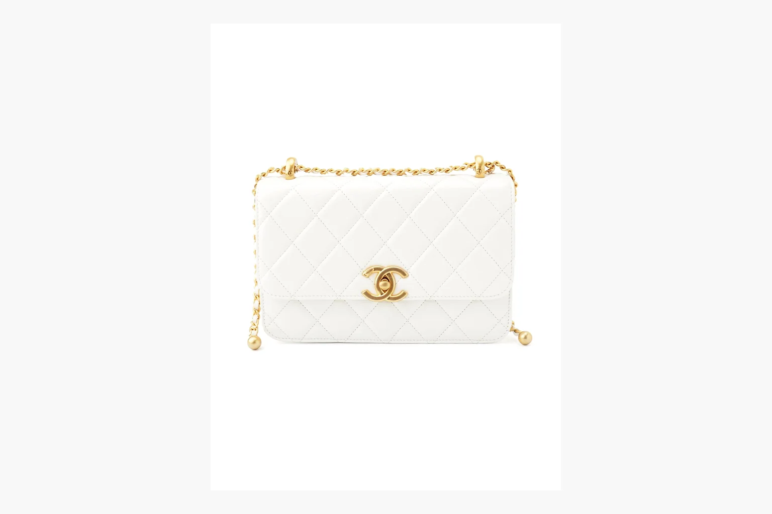 Chanel White Chain Flap Bag comparison photo showing white leather flap bag body, gold chain hardware, compact rectangular shape, side-view structure, and clean flap edge thumbnail 6