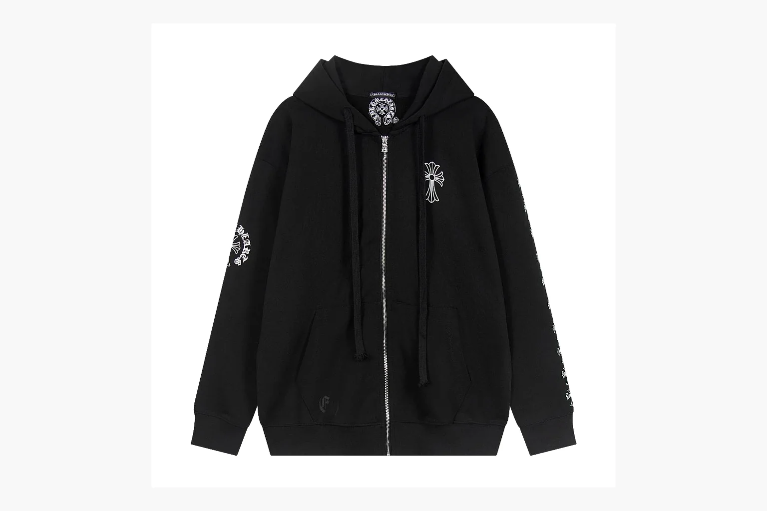 Chrome Hearts Cross Zip Hoodie Black comparison photo showing black cotton fleece zip hoodie, large back cross graphic, silver zipper pull, hood drawcords, and front pocket structure