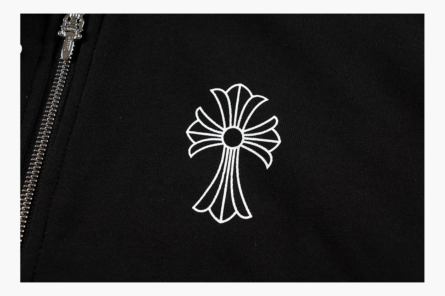 Chrome Hearts Cross Zip Hoodie Black comparison photo showing black cotton fleece zip hoodie, large back cross graphic, silver zipper pull, hood drawcords, and front pocket structure thumbnail 5