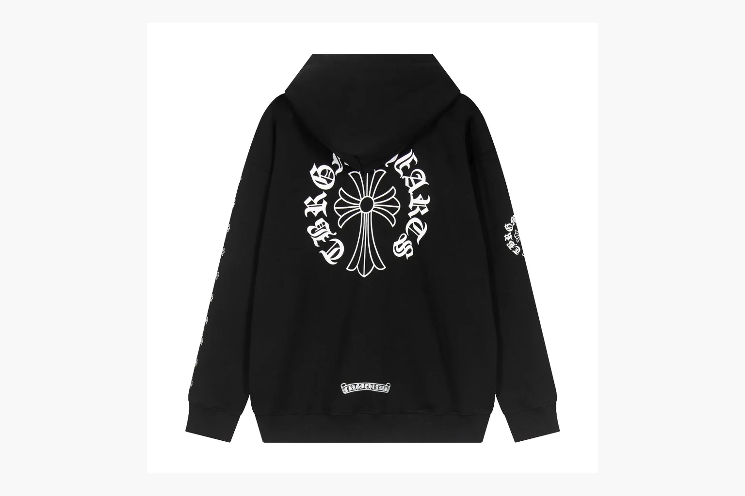 Chrome Hearts Cross Zip Hoodie Black comparison photo showing black cotton fleece zip hoodie, large back cross graphic, silver zipper pull, hood drawcords, and front pocket structure thumbnail 6