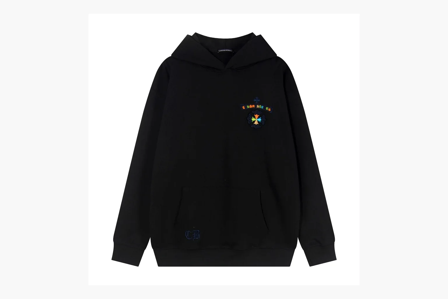 Chrome Hearts Rainbow Logo Hoodie Black comparison photo showing black cotton fleece pullover body, colorful back logo, hood detail, sleeve print, kangaroo pocket, and ribbed trim