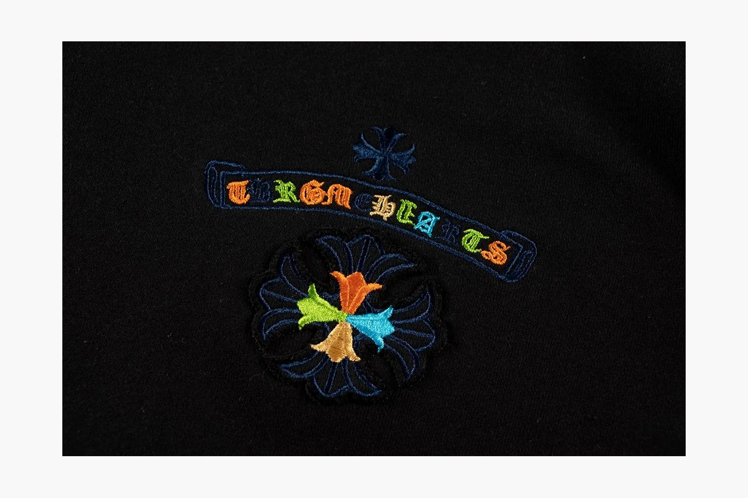 Chrome Hearts Rainbow Logo Hoodie Black comparison photo showing black cotton fleece pullover body, colorful back logo, hood detail, sleeve print, kangaroo pocket, and ribbed trim thumbnail 4
