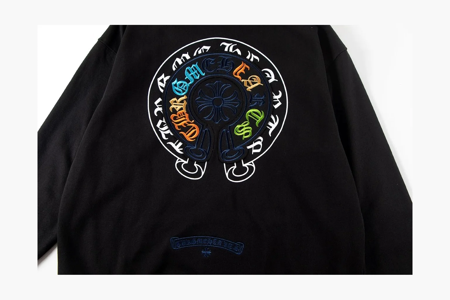 Chrome Hearts Rainbow Logo Hoodie Black comparison photo showing black cotton fleece pullover body, colorful back logo, hood detail, sleeve print, kangaroo pocket, and ribbed trim thumbnail 5