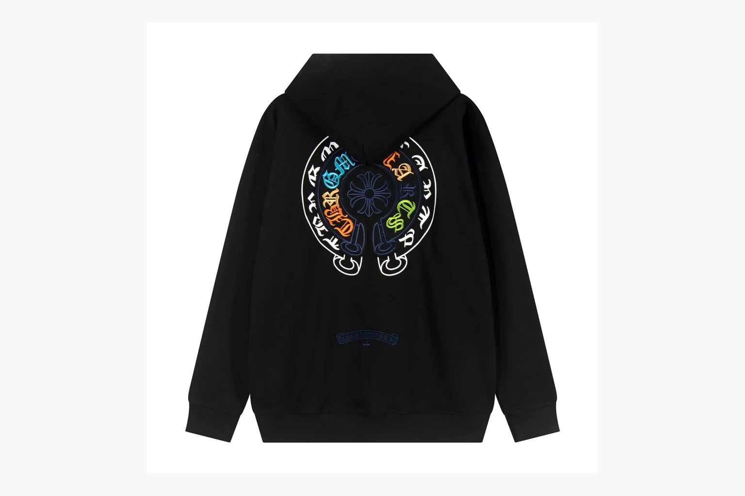 Chrome Hearts Rainbow Logo Hoodie Black comparison photo showing black cotton fleece pullover body, colorful back logo, hood detail, sleeve print, kangaroo pocket, and ribbed trim thumbnail 6