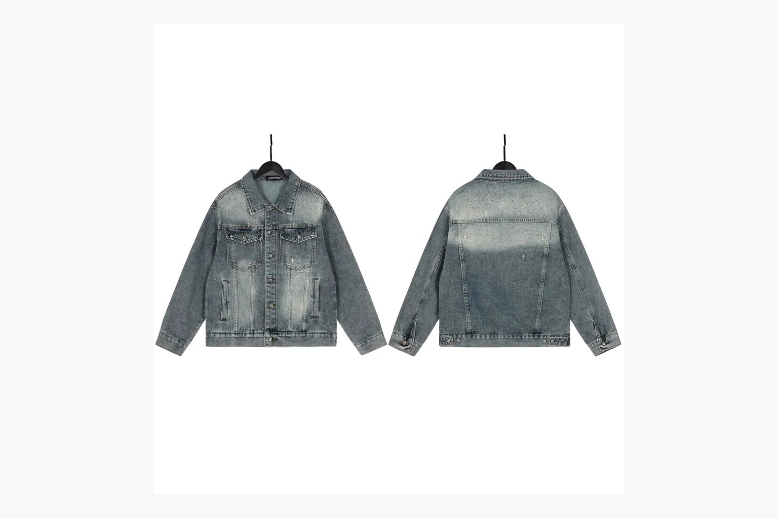 Chrome Hearts Rhinestone Denim Jacket Blue comparison photo showing washed blue denim jacket body, rhinestone cross pattern, button pockets, collar panels, metal hardware, and structured trucker shape