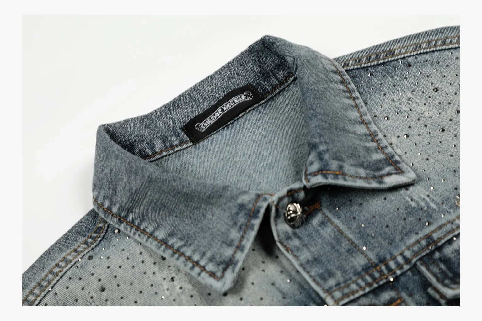 Chrome Hearts Rhinestone Denim Jacket Blue comparison photo showing washed blue denim jacket body, rhinestone cross pattern, button pockets, collar panels, metal hardware, and structured trucker shape