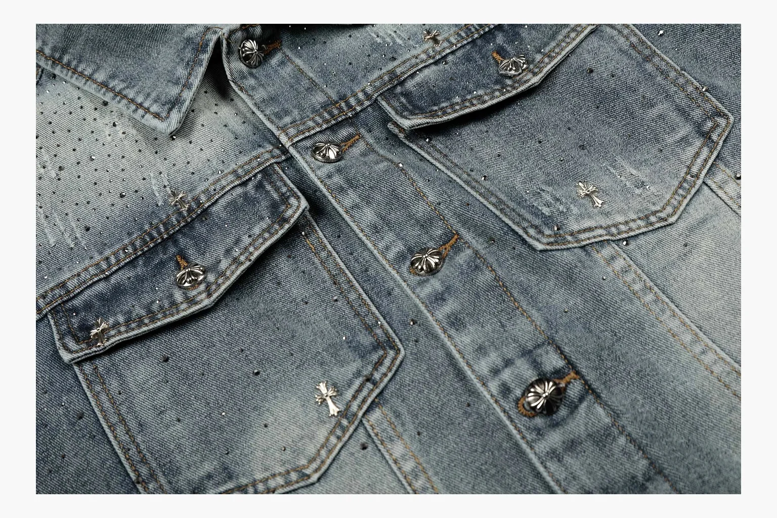 Chrome Hearts Rhinestone Denim Jacket Blue comparison photo showing washed blue denim jacket body, rhinestone cross pattern, button pockets, collar panels, metal hardware, and structured trucker shape thumbnail 3