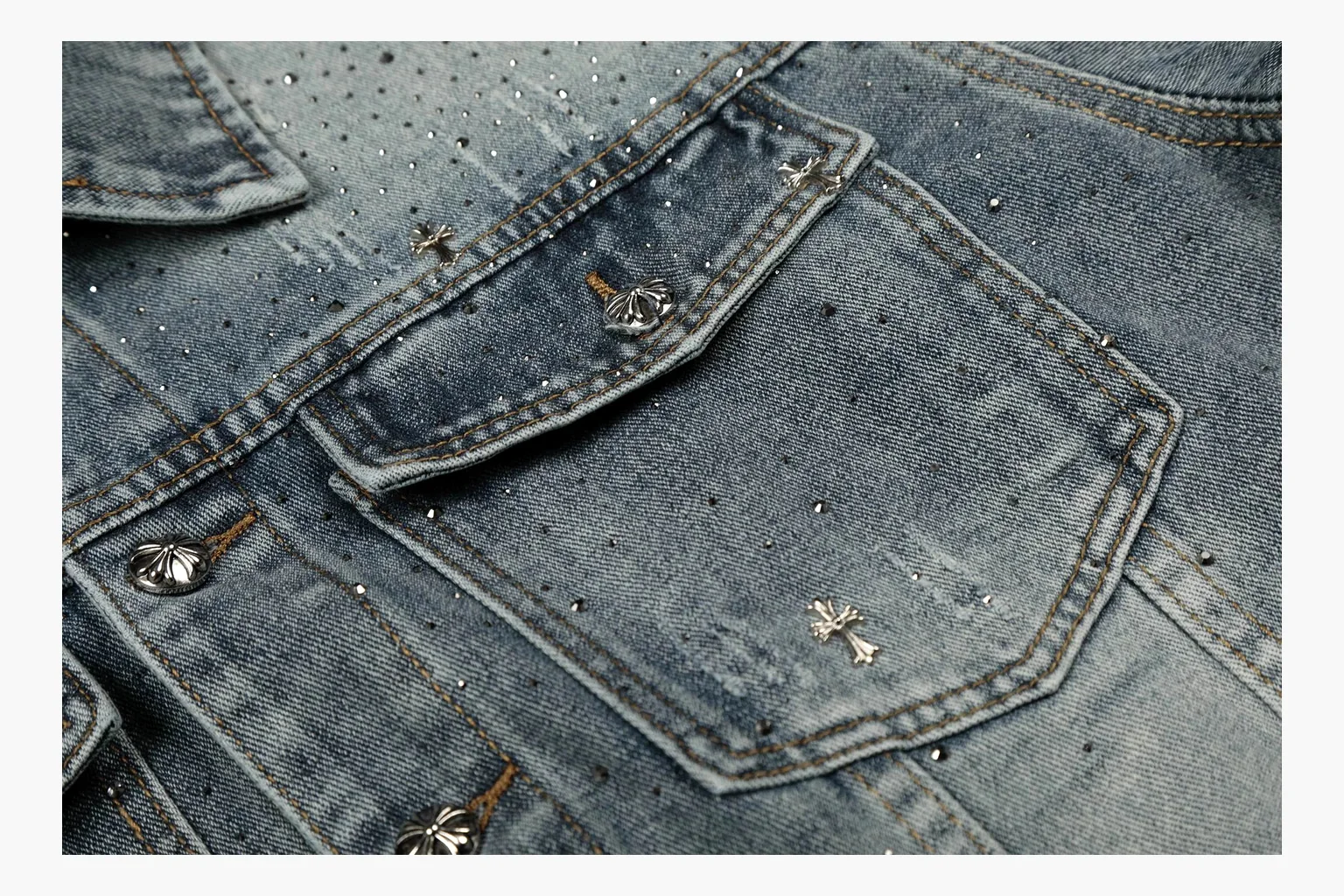 Chrome Hearts Rhinestone Denim Jacket Blue comparison photo showing washed blue denim jacket body, rhinestone cross pattern, button pockets, collar panels, metal hardware, and structured trucker shape thumbnail 5