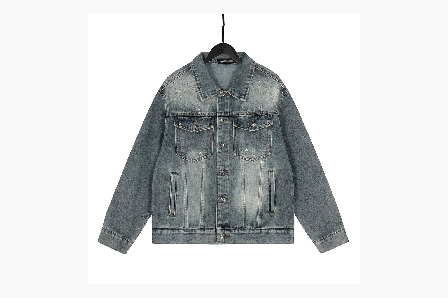 Chrome Hearts Rhinestone Denim Jacket Blue comparison photo showing washed blue denim jacket body, rhinestone cross pattern, button pockets, collar panels, metal hardware, and structured trucker shape thumbnail 6