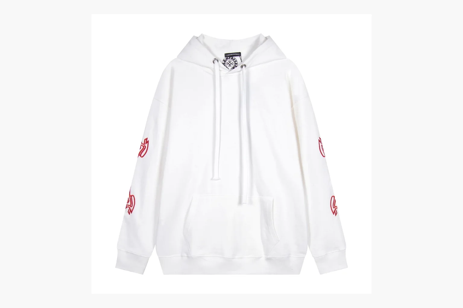 Chrome Hearts White Cross Zip Hoodie comparison photo showing white cotton fleece zip hoodie, cross back artwork, drawcord hood, sleeve print, front zipper, and ribbed trim