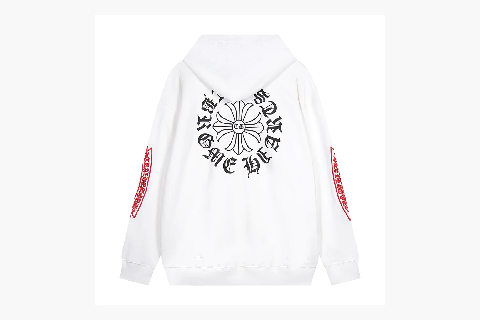 Chrome Hearts White Cross Zip Hoodie comparison photo showing white cotton fleece zip hoodie, cross back artwork, drawcord hood, sleeve print, front zipper, and ribbed trim thumbnail 6