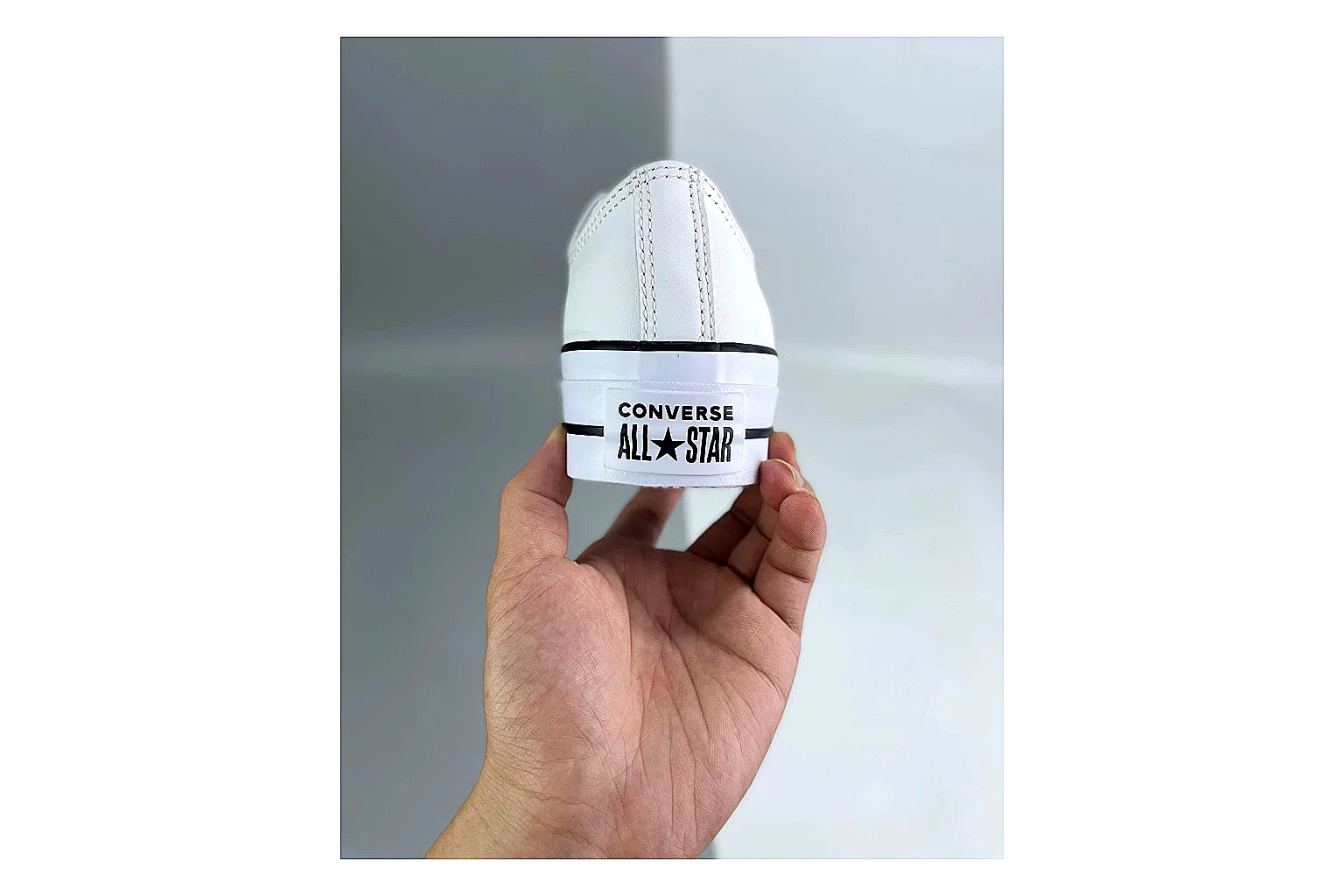 Converse All Star Lift White Platform Low Top comparison photo showing white smooth low-top upper, silver eyelets, black foxing stripes, and elevated platform rubber sole thumbnail 3