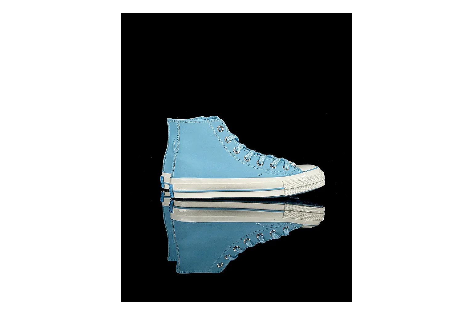 Converse Chuck 70 Light Blue High Top comparison photo showing light blue canvas upper, silver eyelets, off-white rubber toe cap, and vintage high-top sole thumbnail 6