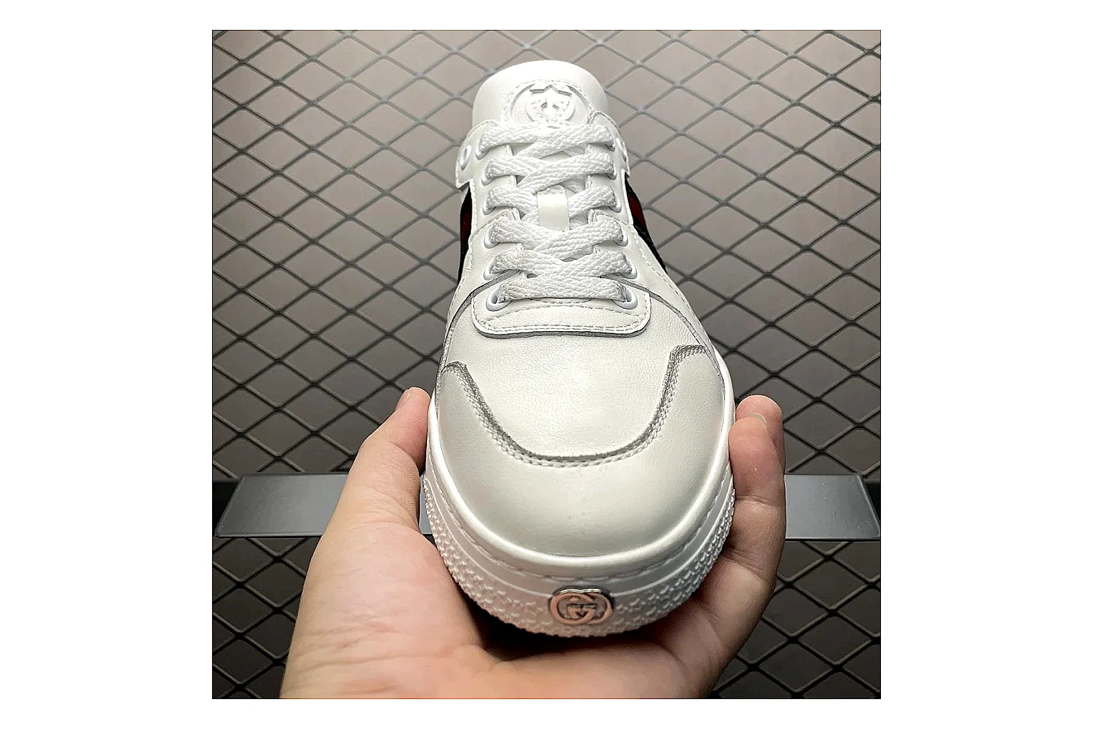 Gucci Ace White Web Stripe Sneaker comparison signal photo with white red gold ace web-stripe low-top with leather upper and low top shape thumbnail 4